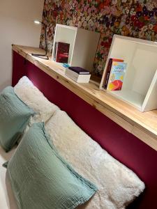 a shelf above a bed with books and a pillow at Chez Gaston in Spa