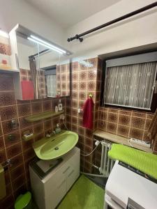 a bathroom with a green sink and a mirror at FeWo bei Charly in Herrischried