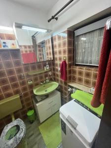 a bathroom with a green sink and a mirror at FeWo bei Charly in Herrischried