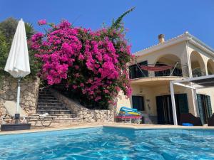a house with pink flowers next to a swimming pool at villa amouso in Évyiros