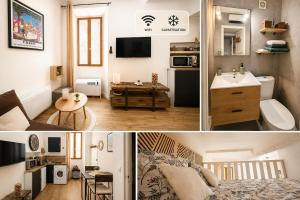 two pictures of a small apartment with a room at L'Instant Parfumé in Grasse