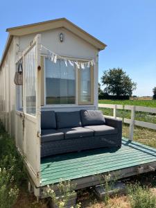 a couch sitting on a deck in a shed at Strandelijk plekje in Nieuwerkerk