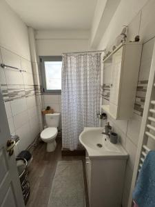 a small bathroom with a toilet and a sink at For a good hospitality in Souvala +5 photos