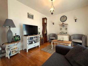 a living room with a couch and a tv at La maison vautier in Vendeuvre-sur-Barse