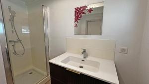a white bathroom with a sink and a shower at Le charron in Saint-Mathieu +18 photos