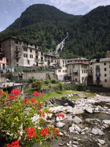 a town with flowers in front of a mountain at Apartament BARBARA in Branzi