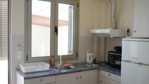 eine Küche mit Spüle und Fenster und Kühlschrank in der Unterkunft Asfodelos Apartment Hotel in Kakovatos + 71 Fotos