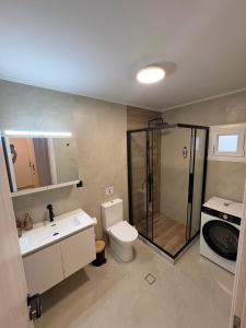 a bathroom with a shower and a toilet and a sink at COMFY Apartments in Alexandroupoli +25 photos
