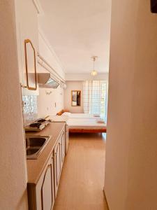 a kitchen with a sink and a room with a bed at Alexiou Studios in Loutra Edipsou