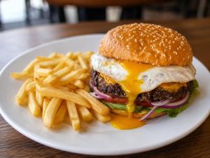a white plate with a cheeseburger and french fries at Pensão Asa Branca in Assomada
