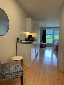 a room with a kitchen and a living room at Villa Fresvik in Fresvik