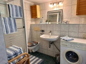 a bathroom with a washing machine and a sink at In Benz da brennt's in Benz