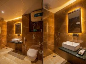 two pictures of a bathroom with a toilet and a sink at The Waves Hotel with Free Airport Pickup or Drop in New Delhi +22 photos