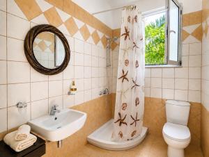 a bathroom with a sink and a toilet and a mirror at Villa Zose' luz in Káto Ássos