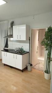 a kitchen with white cabinets and a sink in a room at Rooms in the center City in Barcelona