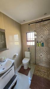 a bathroom with a shower and a toilet and a sink at The Manor in Manzini