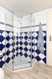 a shower in a bathroom with blue and white tiles at Ferienhaus Sternenklar in Wittmund +29 photos