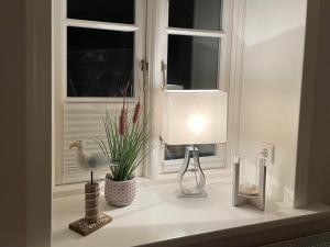 a white counter with a lamp and a plant in a window at Inseltraum in Wrixum
