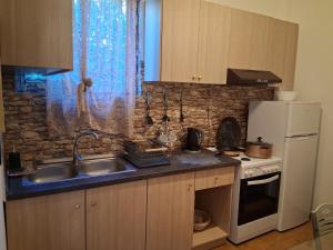 a kitchen with a sink and a white refrigerator at AGGELIKI STUDIOS in Agios Georgios