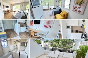a collage of photos of a living room and a kitchen at Le Cocon Baulois in La Baule