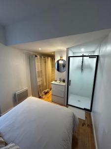 a bedroom with a white bed and a mirror at Molène Centre Ville Lannion in Lannion