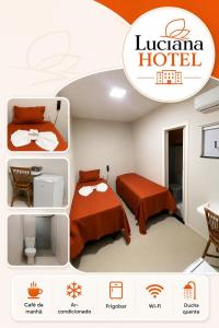 a room with two beds and a hotel sign at HOTEL LUCIANA in Serrinha