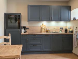 a kitchen with blue cabinets and a sink at Ferienhaus Frida in Kleinich