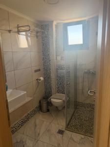 a bathroom with a shower and a toilet and a sink at Amphipolis Deluxe Apartments in Ofrínion