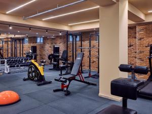 a gym with treadmills and exercise equipment in a building at Grecotel Casa Adele in Platanes