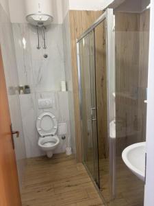 a bathroom with a toilet and a shower and a sink at Tramontana apartments in Dugobabe