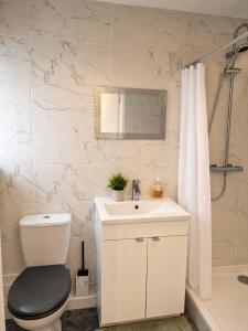 a bathroom with a toilet and a sink and a shower at Planet 9 in Warrington