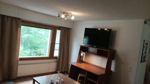 a living room with a flat screen tv and a window at Half Way in Kalaniemi