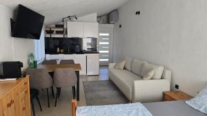 a living room and kitchen with a couch and a table at Studios Ilic in Seline