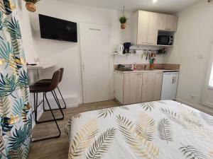 a small room with a bed and a kitchen at " LE CHABASSOLE " CHAMBRES D'HÔTES - GORGES du VERDON in Aiguines +18 photos