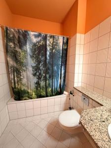 a bathroom with a toilet and a shower curtain at Alte Schleiferei in Breitenbrunn