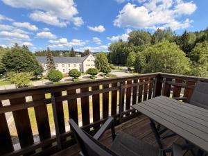 a wooden deck with a table and chairs on it at Alte Schleiferei in Breitenbrunn