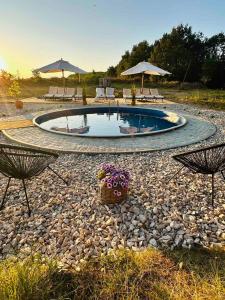 a swimming pool with chairs and umbrellas and a basket of flowers at Къща за гости Геша Форест 3 in Dryanovo