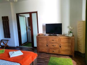 a living room with a television on a wooden dresser at Vila Laura 1 in Sovata