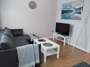 a living room with a couch and a tv at Modern 2 bedroom house, sleeps 5 guests, Free parking in Hull