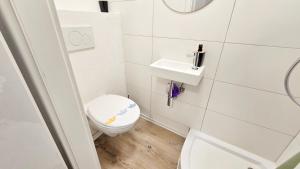 a white bathroom with a toilet and a sink at Cozy Studio Apartment In The Black Forest in Villingen-Schwenningen