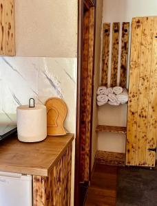 a kitchen with a counter with a roll of paper towels at Montenegro pines in Bistrica Lipovska