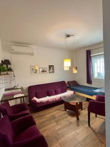a living room with a purple couch and a table at Villa Marko in Sutomore