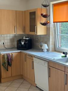 a kitchen with wooden cabinets and a sink and a microwave at Harmonie im Grünen - Charmantes Erdgeschoss Privatzimmer mit Gartenzugang in Wathlingen