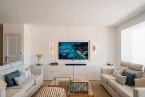 a living room with two couches and a tv at Villa Halo Lagoon Pool & Exclusive seaside getaway in Cap d'Agde