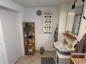 a bathroom with a sink and a mirror and a shelf at Ferienhaus Weitblick in Oberthal +20 photos