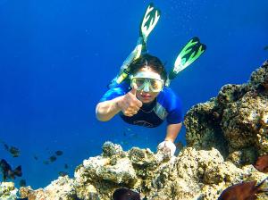a man in scuba gear looking at the reef at Villa Droom Nest Manado in Manado