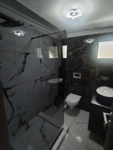 a bathroom with a toilet and a sink at Vila Cristal in Arefu +13 photos