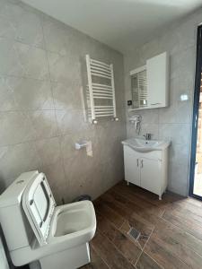 a bathroom with a white toilet and a sink at Forest Edge in Borjomi +14 photos