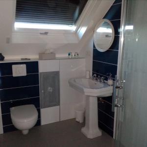 a bathroom with a sink and a toilet and a mirror at Chambres d'hôtes Arcelot in Arceau