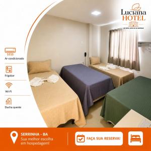 a room with two beds and a sign that says a hotel at HOTEL LUCIANA in Serrinha